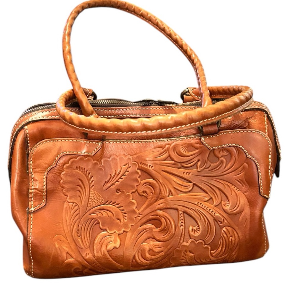 Patricia Nash Tooled Leather Satchel Handbag Medium Size Double Zipper Beautiful